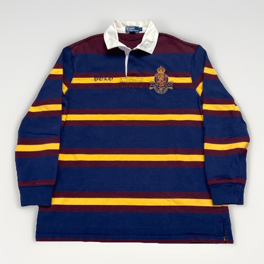 Vintage‎ Polo Ralph Lauren Rugby Shirt Mens L Striped Ivy League Logo 90s
